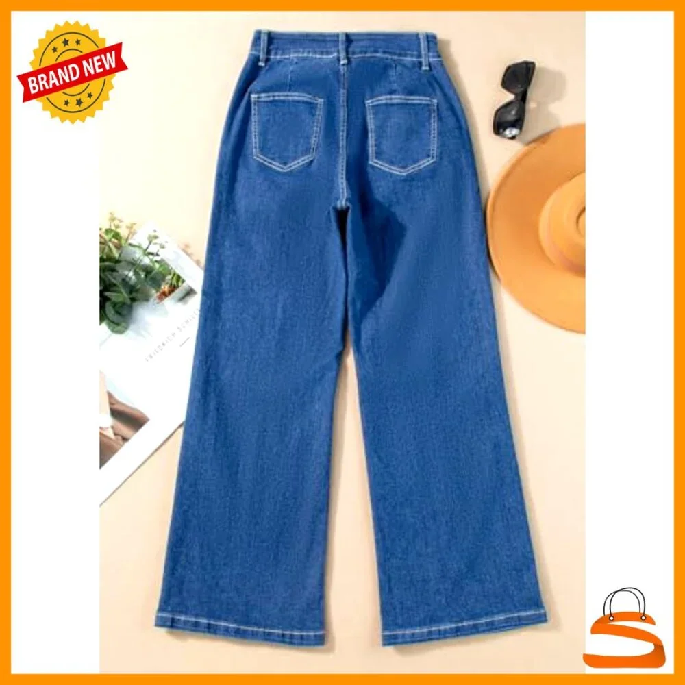 High Waisted Wide Leg Stretch Denim Jeans Casual Baggy Fit Pants - Picture 6 of 7